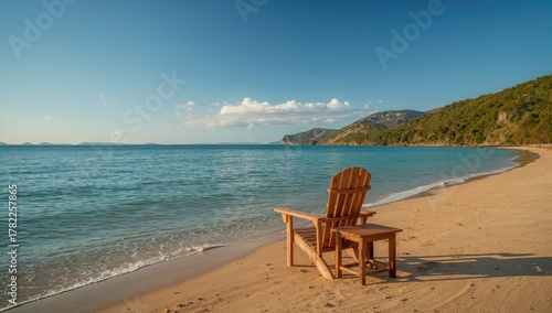 Fototapeta Naklejka Na Ścianę i Meble -  Chair positioned by the ocean, reflecting on serenity and relaxation