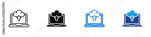 Cloud Upload Multiple Style Icon Design Vector - laptop with an upload arrow to a cloud, symbolizing cloud storage, file sharing, and online data transfer