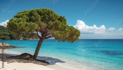 Fototapeta Naklejka Na Ścianę i Meble -  Iconic pine tree by a pristine sandy beach with crystal-clear turquoise water in a southern island location