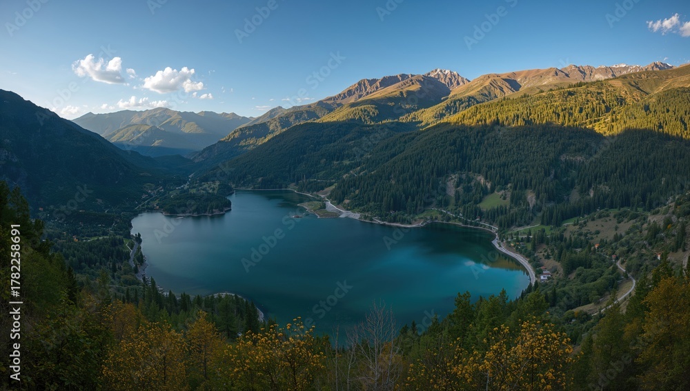 Obraz premium A serene lake surrounded by towering mountains, showcasing natural beauty, preservation