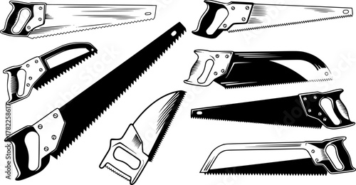 Vector illustration of various saws, high contrast, black and white, sharp lines, industrial design, simple background.

