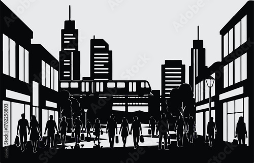 A stark black and white illustration depicts a bustling city street with silhouetted figures walking past storefronts and under elevated structures.