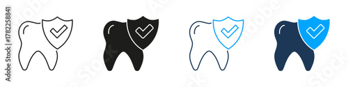 Tooth With Shield And Checkmark Line And Solid Icon Set. Dental Protection, Oral Health, And Cavity Prevention Symbol Collection. Dental Care Assurance. Isolated Vector Illustration