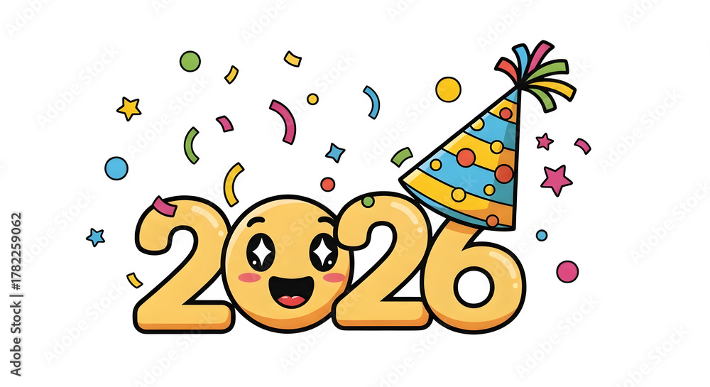 Obraz premium Happy new year 2026 smiley face party hat isolated on transparent background