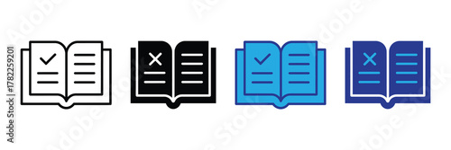 Set of open book icons with checkmark and cross symbols, isolated on white background