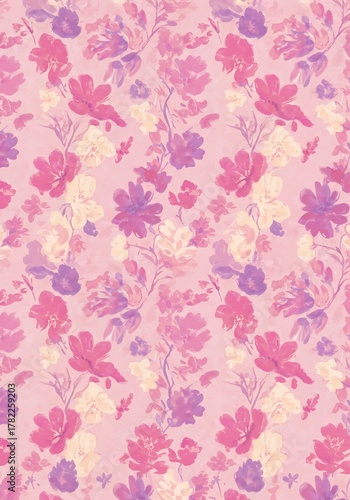 Wallpaper Mural Seamless Floral Pattern with Pink and Purple Flowers on a Soft Pink Background. Torontodigital.ca