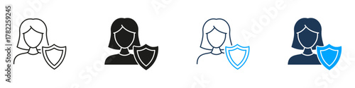 Female User With Shield Line And Solid Icon Set. Online Security, Privacy Protection, And Data Safety Symbol Collection. Cybersecurity And User Protection. Isolated Vector Illustration