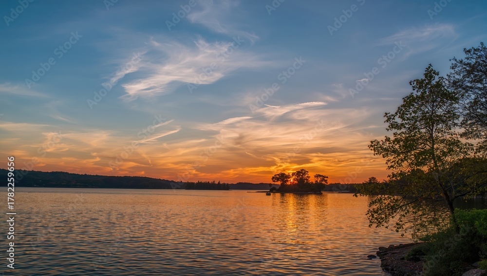 Fototapeta premium Lakeside sunset casting reflections on the water, evoking tranquility