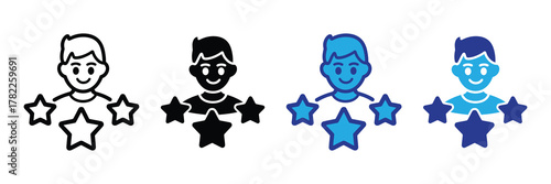Four different styles of a person icon with stars, representing rating or achievement, isolated on white background