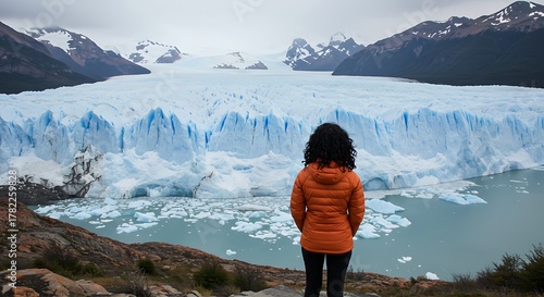 Woman in orange jacket admires vast Perito Moreno Glacier in Patagonia.