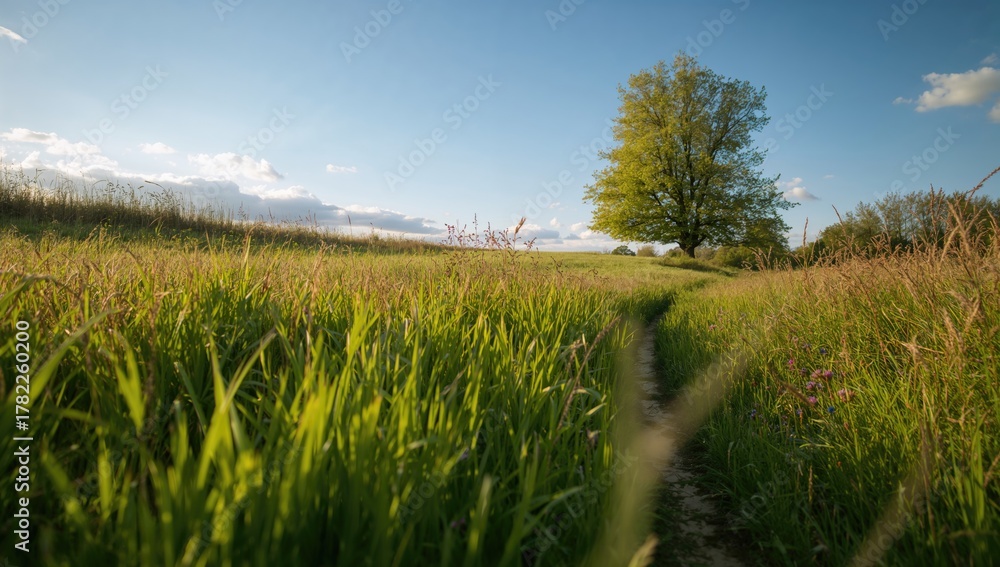 Obraz premium Nature landscape featuring green grass and trees, highlighting seasonal change