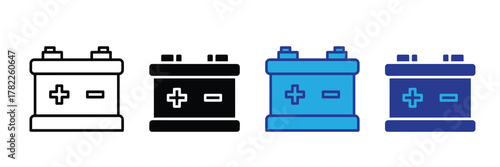 Set of car battery icons in outline, solid black, blue, and dark blue on white background