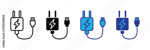 Set of four icons representing a usb charger with a lightning bolt symbol, isolated on white background