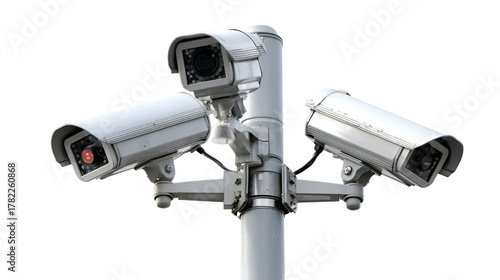 Three modern surveillance security cameras mounted on a pole isolated on transparent background