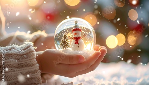 Snow globe with snowman in hands, bright bokeh background and falling snow effect for winter holiday cheer