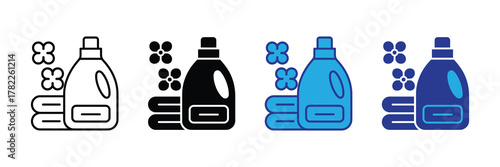 Set of laundry detergent bottle icon with folded towels and scent bubbles, isolated on white background