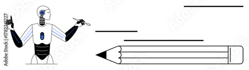 Robot with pen in hand actively creating, large pencil symbolizing artistic creativity. Ideal for innovation, technology, AI and art, design, education, futuristic vision creativity. Simple flat