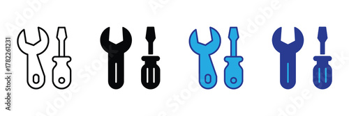 Set of four icons representing a wrench and a screwdriver, isolated on white background
