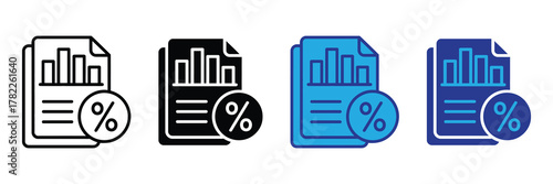Collection of four icons representing financial report with percentage symbol, isolated on white background
