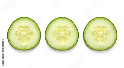 Three fresh green cucumber slices with visible seeds arranged in a row on a white background
