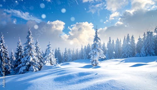 Wallpaper Mural Snowy wonderland with snow-covered trees and rolling hills under a bright blue sky with fluffy white clouds Torontodigital.ca