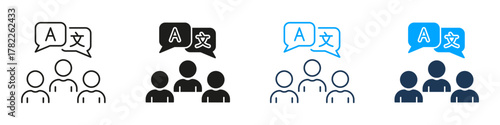 Multilingual Group Chat Line And Solid Icon Set. People With Language Bubbles For Team Translation, Cross-Cultural Communication, And Language Exchange. Isolated Vector Illustration
