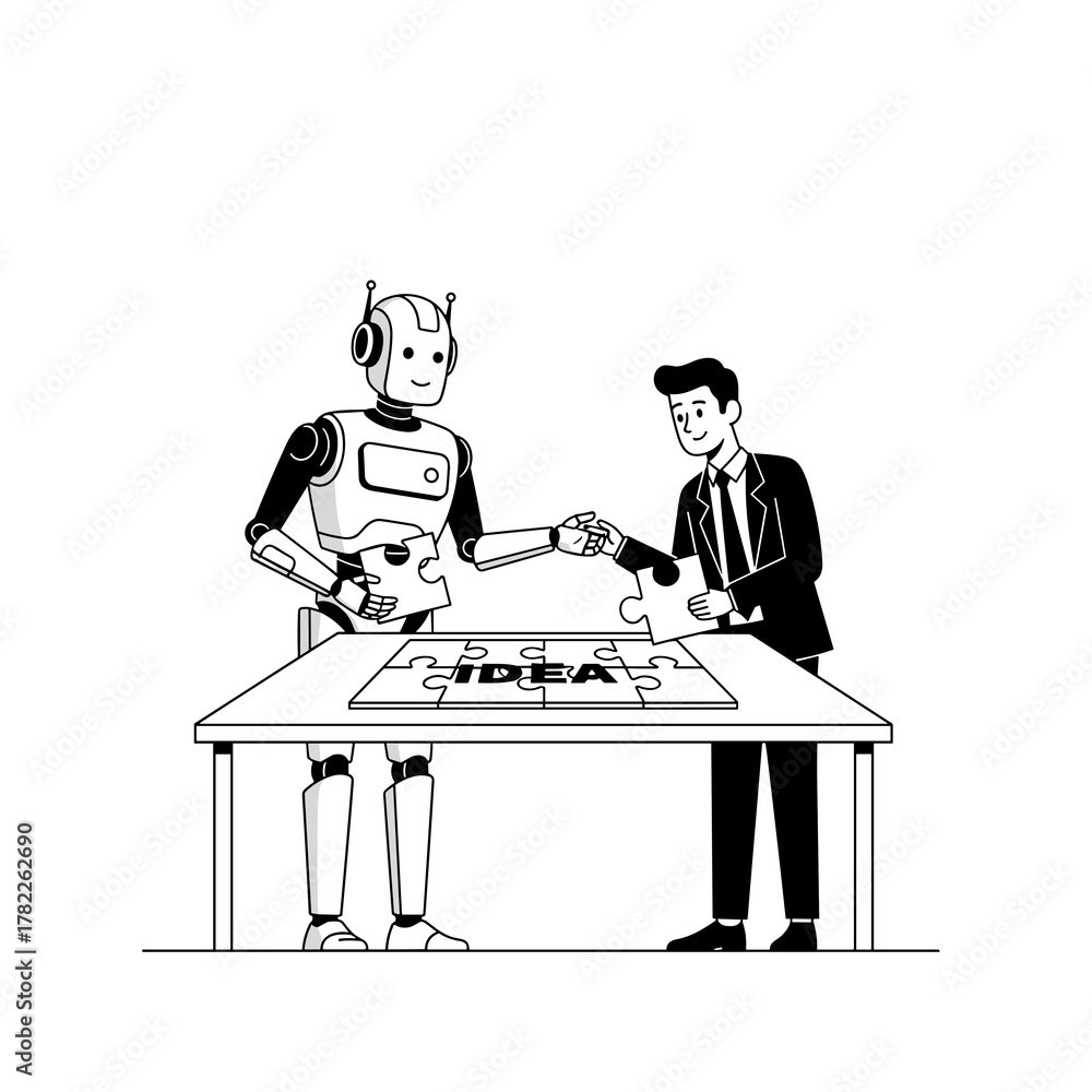 Fototapeta premium Human and robot assembling puzzle map with “Idea” label, teamwork and creative problem-solving concept