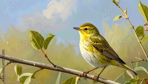 A vibrant yellow warbler perches on a branch, its eye focused. Soft brushstrokes paint the backdrop of a sunny meadow with foliage