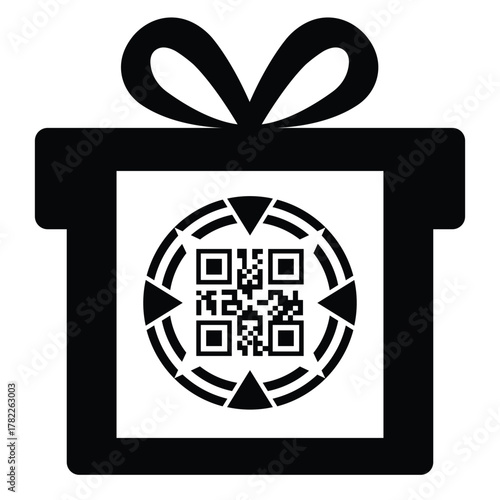 Black Christmas gift box icon with a bow, featuring a QR code on the front face. Simple, modern design suitable for digital gifts, e-commerce, mobile scanning, and tech-related gift concepts.