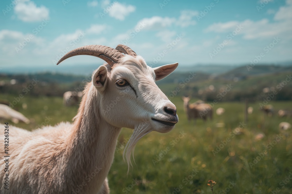 Fototapeta premium Close-up shot of a goat looking far away in a grassy area during daylight