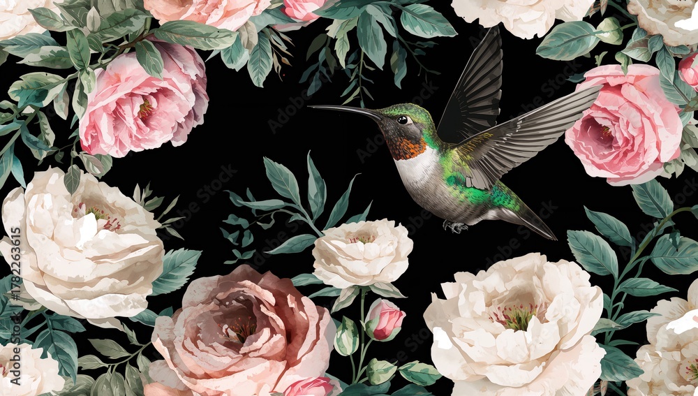 Fototapeta premium Hummingbird, roses, peony leaves on dark backdrop, ideal for UI backdrop