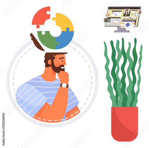 Thoughtful man with puzzle graphic above his head, desktop computer, and tall potted plant. Ideal for problem-solving, brainstorming, creativity, focus, productivity design teamwork. Intriguing