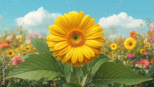 Yellow gerbera flower, vibrant natural beauty, floral arrangement backdrop