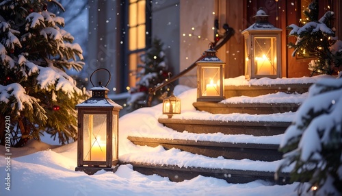 Snowy porch stairs decorated with lanterns glowing softly under a light snowfall, hinting at a cozy, festive winter scene
