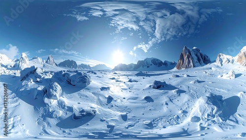 Snowy, rocky landscape under a bright blue sky with scattered clouds. Wide angle 360 degree perspective