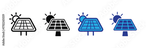 Set of four solar panel icons with sun, showing different styles outline, solid black, and two blue variations, isolated on white background