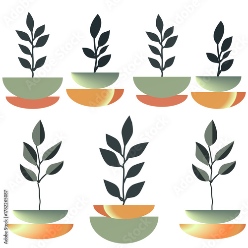 set of olive branches, set of plants in pots, set of green plants, set of plants, set of vector icons with leaves. set of vector icons
