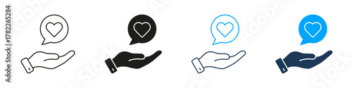 Hand With Heart In Speech Bubble Line And Solid Icon Set. Support, Care, And Communication Symbol Collection. Charity And Emotional Connection Representation. Isolated Vector Illustration