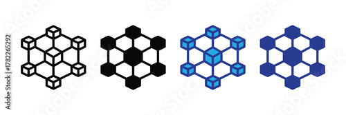 Set of four abstract geometric cube network icons in black, white, and blue on a white background