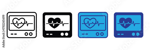 Set of four electrocardiogram monitor icons showing heart rate and ecg waveform, isolated on white background