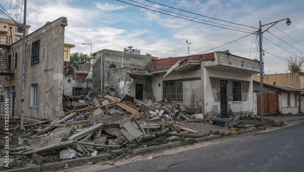 Obraz premium Wreckage of a collapsed structure, evidence of disaster, humanitarian crisis