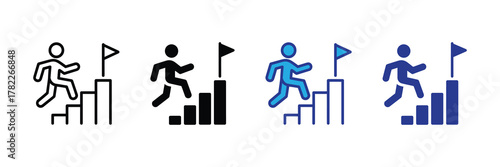 Set of icons depicting a person climbing stairs towards a flag, symbolizing success, goals, and achievement
