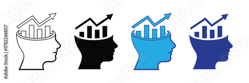 Four stylized head silhouettes with upward trending bar graphs and arrows inside, isolated on white background