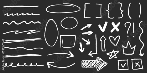 Chalk scribbles with charcoal grain, punk crowns, edgy scrawls, messy strokes, abstract shapes and textured doodles.