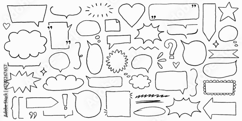 Childish playful frames with doodles and crayon curves, text box chalkboard bubbles, naive mix of cute shapes and borders.