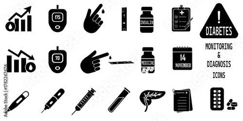 diabetes concept icons-Silhouette style. healthcare essential vector symbol of blood sugar, glucose level, patient awareness for diabetes month and world diabetes day-November 14(Isolated)