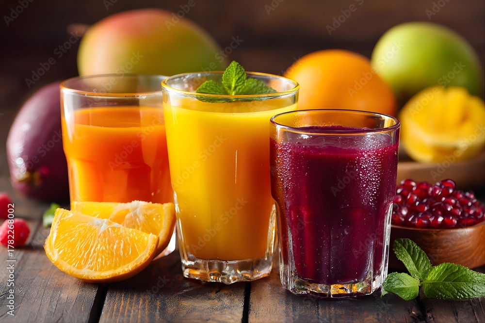 Fototapeta premium Three glasses of colorful fresh fruit juices and whole fruits on a rustic wooden table