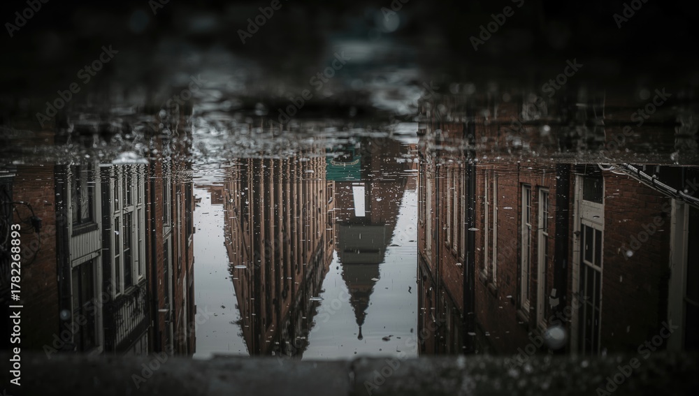 Obraz premium Rainy and chilly day in a city, Puddle on the street reflecting the architecture, seasonal change