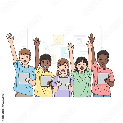 Cheerful and diverse children with tablets participate together in an interactive lesson, embracing technology in education