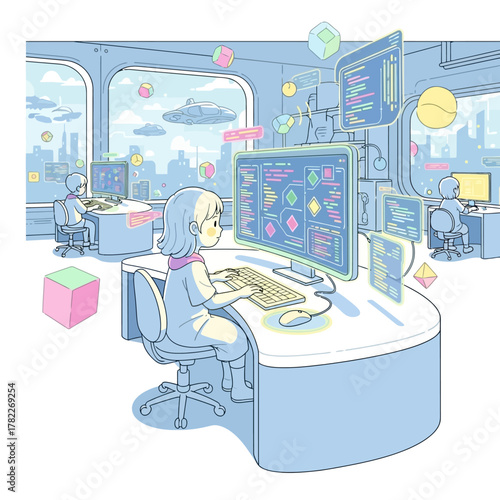 Cartoon illustration of a young person coding at a futuristic computer workstation with floating elements